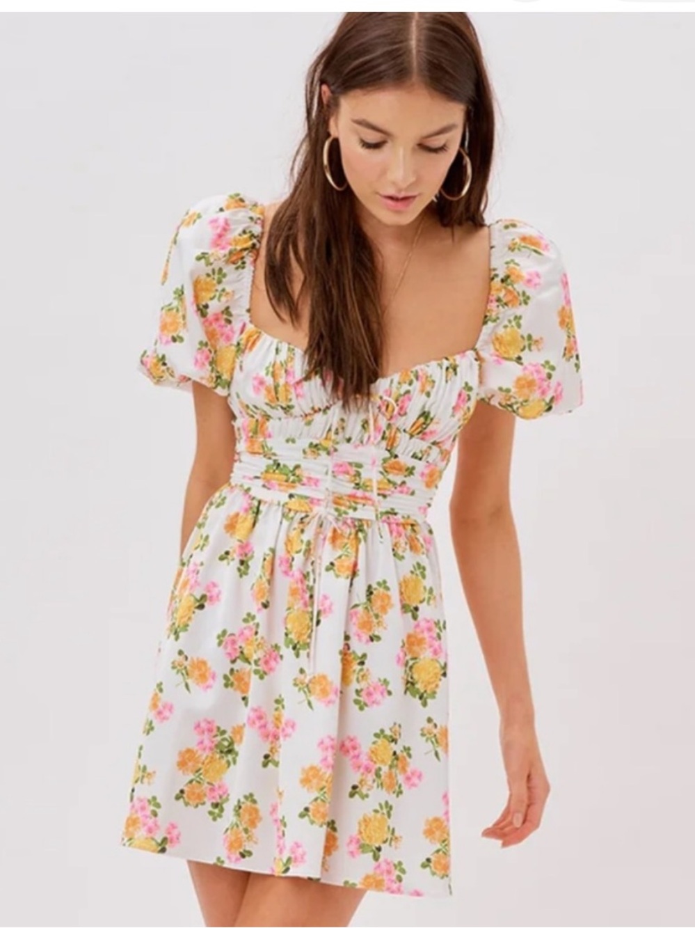 For Love And Lemons White Floral Puff Sleeve Mini Dress - Picture 2 of 4